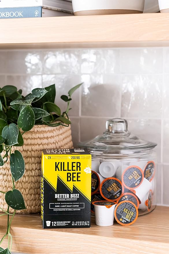 Better Buzz Killer Bee Super Caffeinated Dark Roast Light Roast Blend 12ct., California Solar Energy Produced Recyclable Coffee Pods, Small Batch Roasted Coffee, K-Cup Compatible, Life's Better Buzzed
