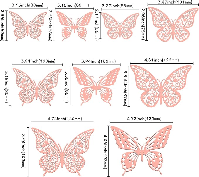 Gyufise 36 Pack Pink Glitter 3D Cupcake Toppers - Hollow Butterfly Cake Decorations for Birthday Wedding Fairy Party - Wall Sticker Decal for Background Wall Decoration