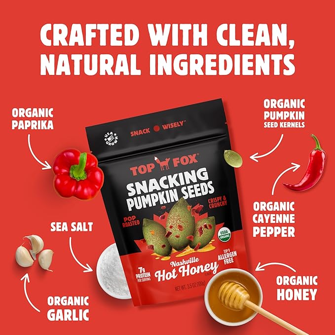 TOP FOX Snacks - Organic Pop-Roasted Pumpkin Seeds | Healthy Protein Snacks - Gluten Free - Keto and Vegan Friendly (Nashville Hot Honey, 3.5 oz - 6 Pack)