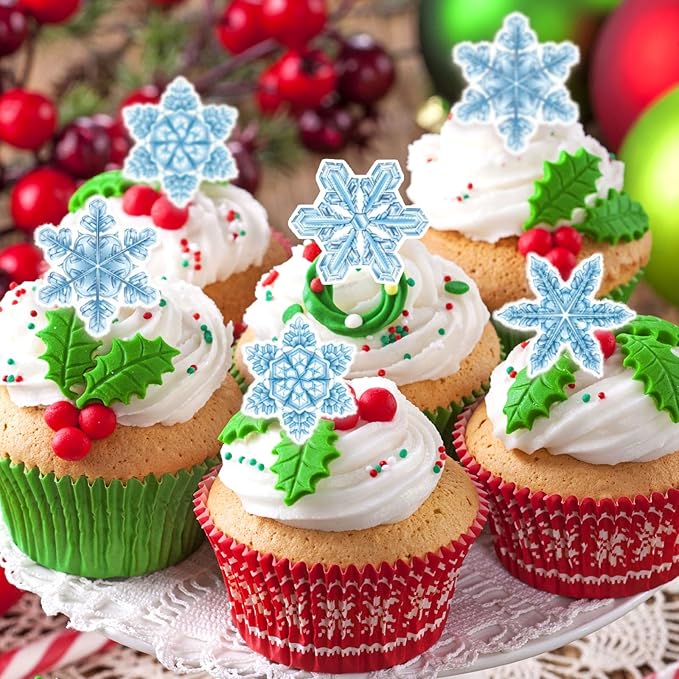 48Pcs Edible Cake Cupcake Toppers Snowflakes - Wafer Paper Edible Cake Decorations & Snowflake Cupcake Toppers for Christmas, Winter Birthday Party Decor Supplies (Light Blue & White)