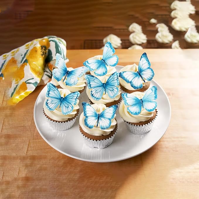 Rsstarxi 60 Pack Wafer Paper Butterflies Cupcake Toppers, Edible Butterfly Cake Decorations Butterfly Decorations for Wedding Birthday Anniversary Baby Shower Party Decorating Supplies Blue