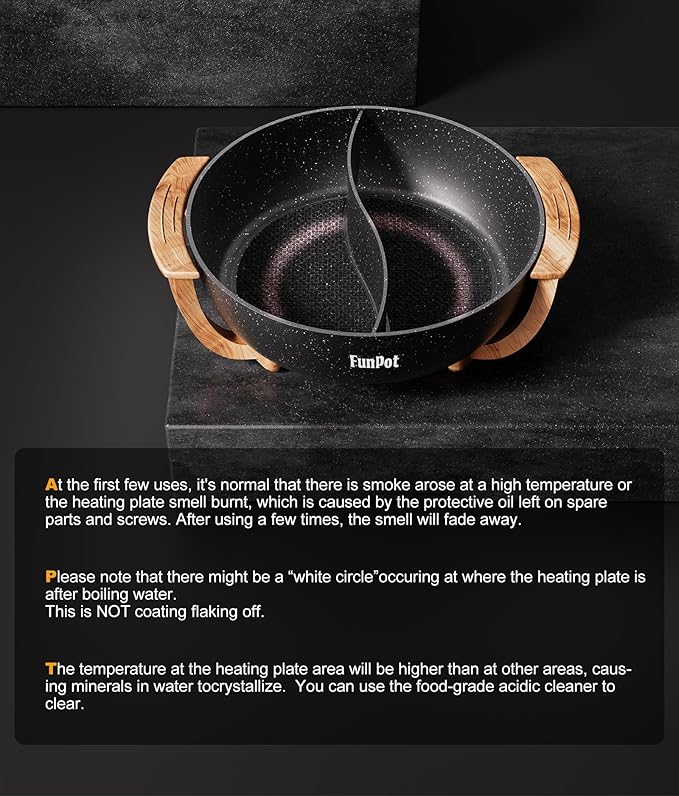 5-Temp Electric Hot Pot with Wood Grain Handles, 6L Family Size, 1100W Rapid Heating, PTFE Non-Stick Coating & Dry-Burn Protection, Dual Divider for Hot & Mild Broths