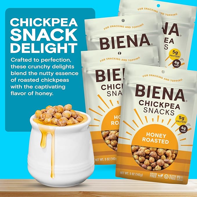 BIENA Chickpea Snacks - Crunchy Roasted Chickpeas - High Fiber Protein Snacks for Adults and Kids - 4-Pack, 5 Ounce Bags - Honey Roasted