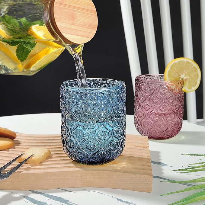 Joeyan Small Drinking Glasses,Vintage Embossed Floral Water Glass Tumbler Cups,Colored Beverages Cocktail Juice Wine Glassware,Multicolor,9 oz,Set of 4,Dishwasher Safe