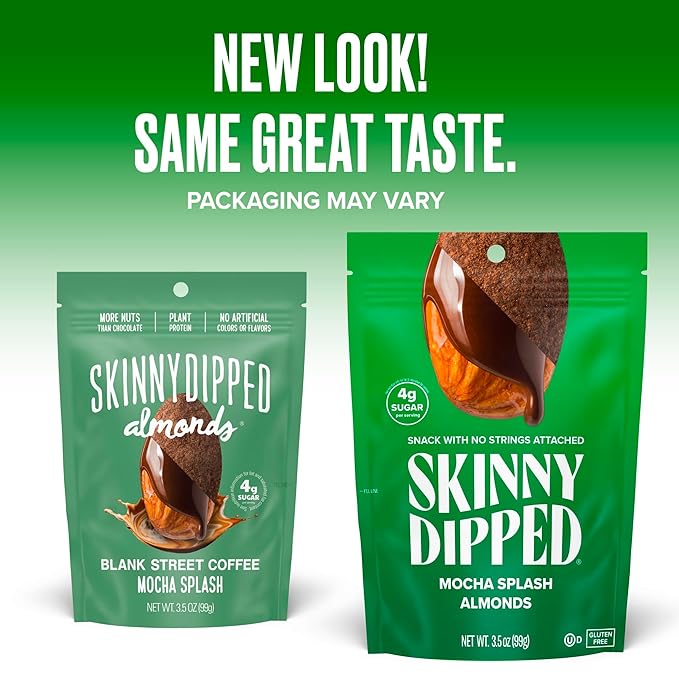 SkinnyDipped Mocha Splash Almonds, Healthy Snack, Plant Protein, Gluten Free, 3.5 oz Resealable Bags, Pack of 5