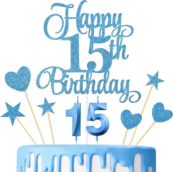 15th Birthday Cake Decorations, 15th Birthday Candles Cake Numeral Candles and Glitter Happy 15th Birthday Cake Toppers Set for Birthday Party Supplies (Blue)