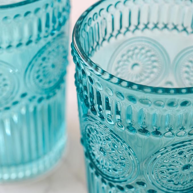 Vintage Textured Aqua Blue Striped Drinking Glasses Set of 6-13 oz Ribbed Glassware with Flower Design | Cocktail Set, Juice Glass, Water Tumbler