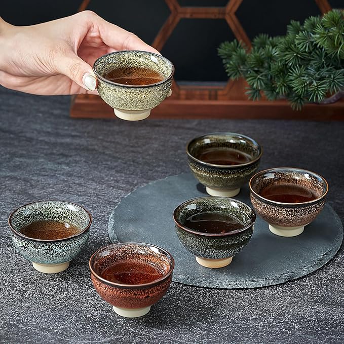 Skyley 6 Pieces Korean Soju Shot Glasses Sets Porcelain Cups Korean Ceramic Cups Tea Accessories Drinkware, Handcrafted Ceramic(Multicolor,Stylish Pattern)