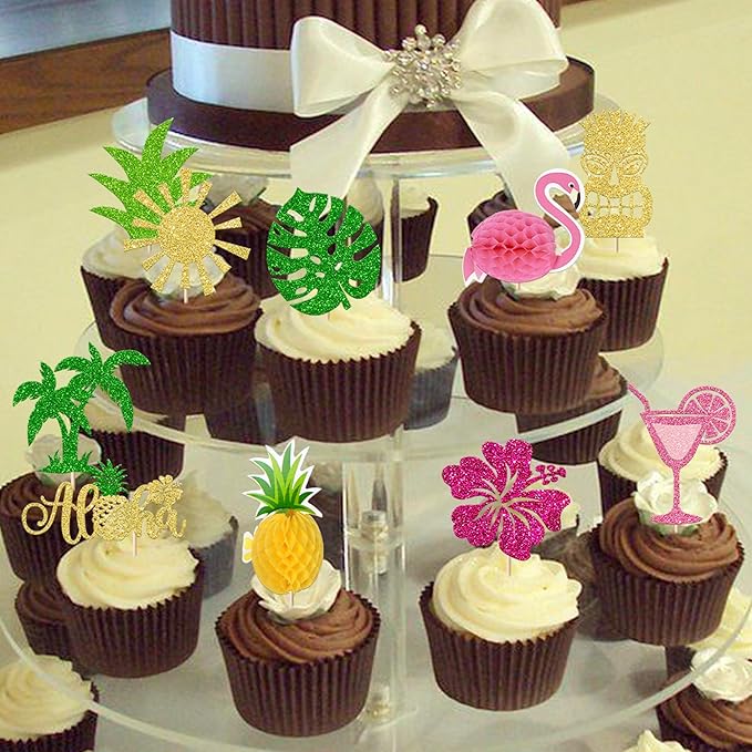 30 Pack Tropical Cupcake Toppers Glitter Leaf Pineapple Palm Tree Flamingo Picks Aloha Luau Cake Decorations for Summer Baby Shower Birthday Party Supplies