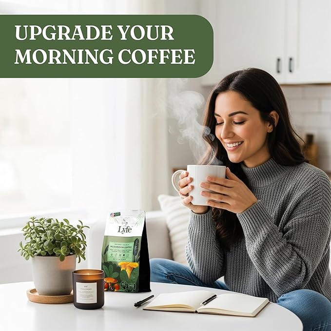 LYFE Organic Instant Mushroom Coffee ??Lion?™s Mane, Chaga, Cordyceps, Turkey Tail | USA Grown Adaptogenic Mushrooms for Better Energy, Focus, Gut Health, Immunity ??40 Servings
