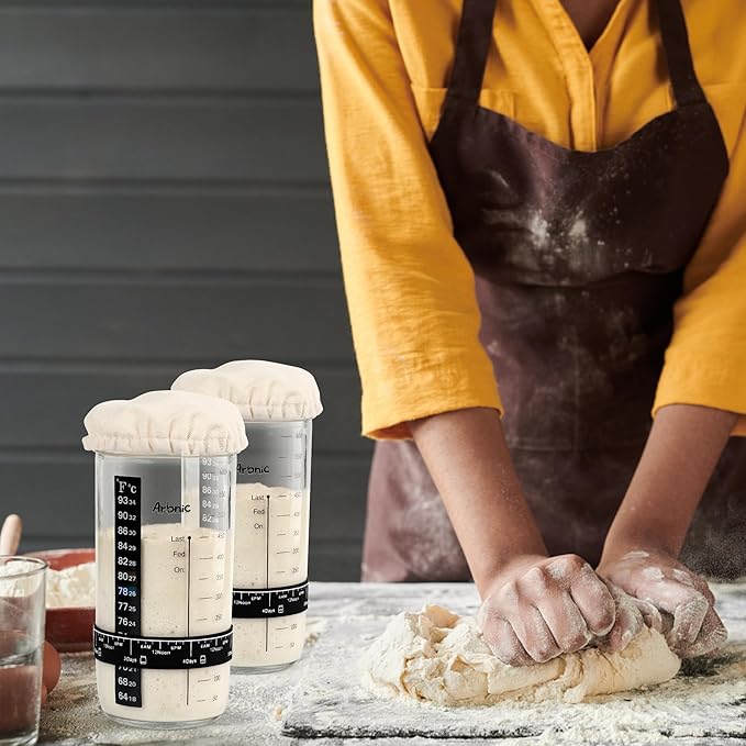 Sourdough Starter Kit with 2 Starter Jars, Sourdough Bread Baking Supplies Included Thermometer Band, Level Tracker (with 2 Jars)
