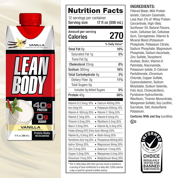 Lean Body Ready-to-Drink Vanilla Protein Shake, 40g Protein, Whey Blend, 0 Sugar, Gluten Free, 22