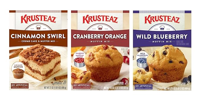 Krusteaz Variety Pack,Cinnamon Swirl Crumb(21 oz),Cranberry Orange Muffin Mix (18.6 oz),Wild Blueberry Muffin Mix (17.1 oz), (3 CT)