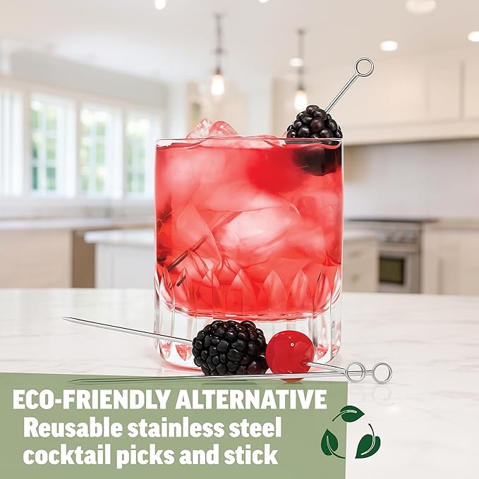 Zenlogy 5 inch Stainless Steel Picks (set of 8) and Swizzle Stick - Ideal Olive Skewers - Will Not Drown in Your Martinis, Cocktails, and Bloody Mary