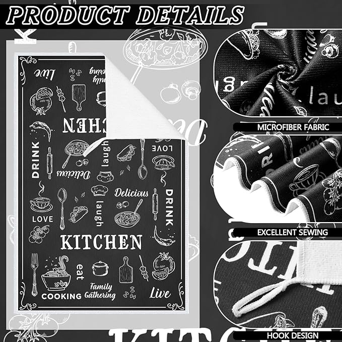 Bencailor 12 Pcs Farmhouse Kitchen Decor Sets, 8 Black Kitchen Dish Towels 2 Pot Holders 2 Oven Mitts Glove, Rustic Hand Towels and Dishcloths Sets for Home Decorations Accessories Christmas Mom Gifts