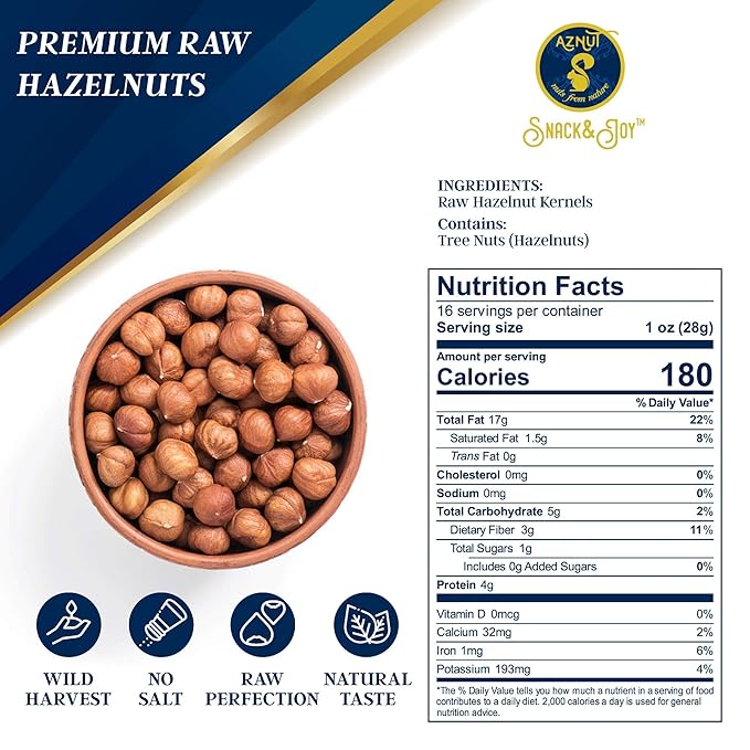 AZNUT Raw Hazelnuts Filbert Nuts, Shelled, Gluten Free, Fresh, Premium Quality 100% Natural Non-GMO Project Certified, Kosher Certified, Great Snacks, Resealable Bag 1 LB