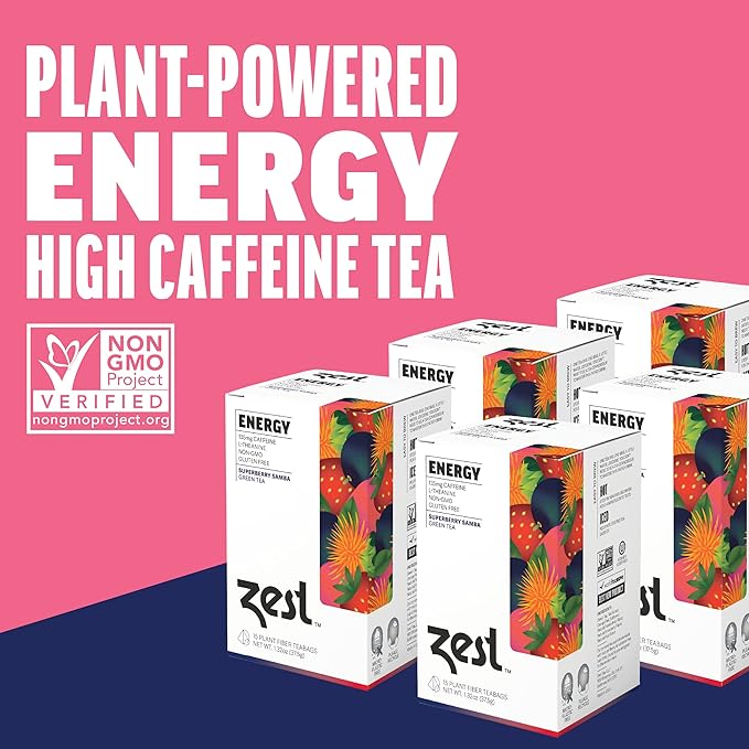 Zest Tea Energy Hot Tea, High Caffeine Blend Natural & Healthy Black Coffee Substitute, Perfect for Keto, 135 mg Caffeine per Serving, Superberry Samba Green Tea, Box of 15 Sachet Bags