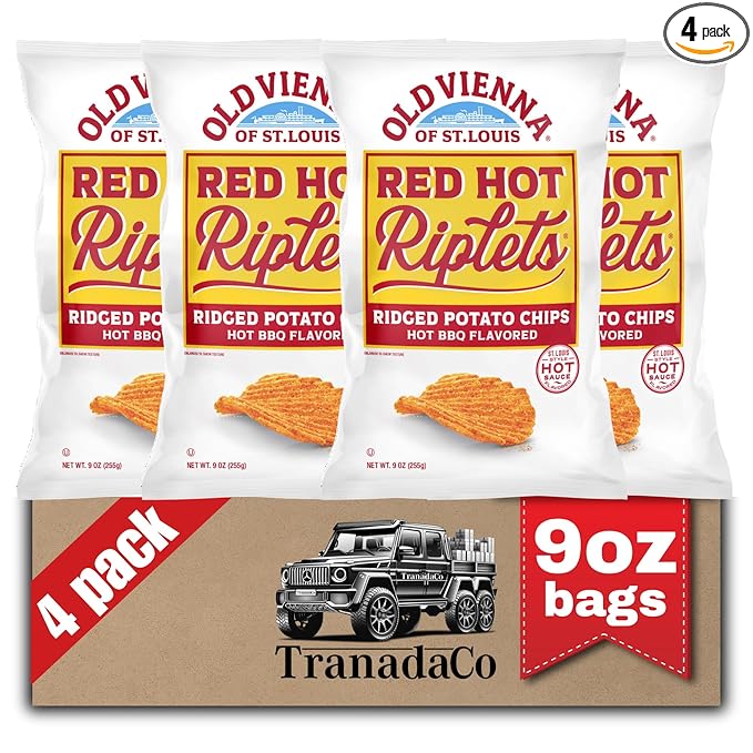 Old Vienna of St. Louis Red Hot Riplets Ridged Potato Chips 9oz Bags (4 Pack) by TranadaCo