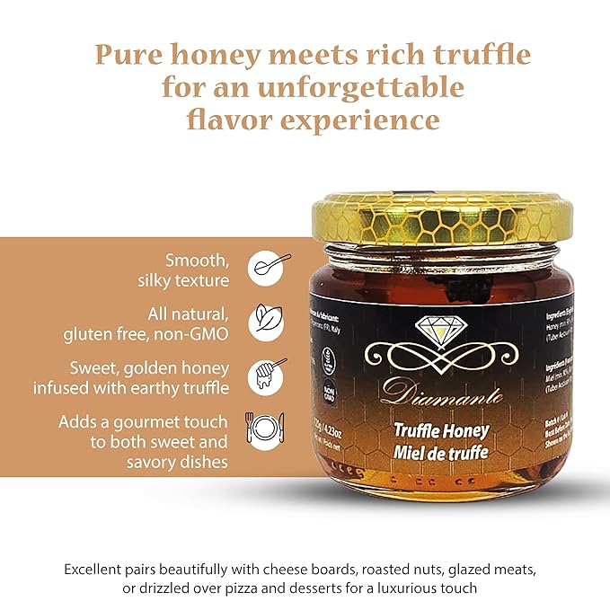 Diamante Italy Truffle Honey - Italian Luxurious Gourmet Flavored Honey with 3% Black Truffle - Ideal for Charcuterie Board & Cheese Plate - Non GMO & Made in Italy - 120g