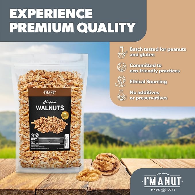 Premium Raw Chopped Walnuts 32oz (2 lb) - 100% Natural, No-PPO, Non-GMO, Batch-Tested Gluten & Peanut Free, Kosher, Small Batch Quality