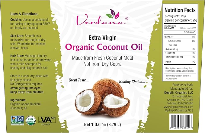 Verdana Extra Virgin Coconut Oil ??USDA Organic, Unrefined Cold Pressed Oil for Baking and Cooking ??1 Gallon