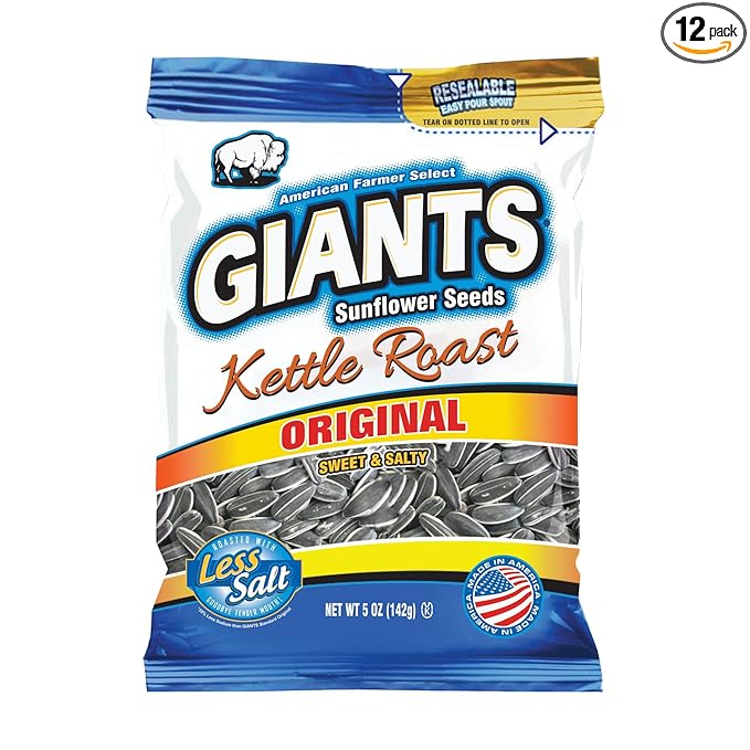 GIANTS Kettle Roast Sweet & Salty Sunflower Seeds - Sunflower Seeds Bulk, Sunflower Seed Snack, Roasted & Lightly Salted Sunflower Seeds to Eat with 8g Protein Per Serving - 5 oz Bag (Pack of 12)