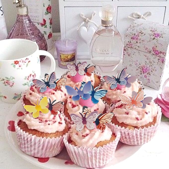 72Pcs Edible Wafer Paper Butterfly Cupcake Toppers 3D Colorful Cake Realistic Butterfly Dessert Decoration for Birthday Party Wedding Food Decorations