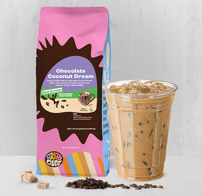 Crazy Cups Decaf Flavored Chocolate Ground Coffee, Decaffeinated Chocolate Coconut Dream Coffee in 10 oz Bag, For Brewing Hot or Iced