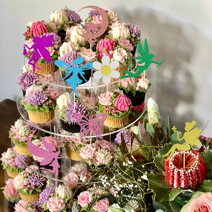 24Pcs Fairy Cupcake Toppers Flower Angel Fairy Butterfly Flower Cupcake Picks for Wedding Bridal Shower Baby Shower Birthday Party Cake Decorations Supplies