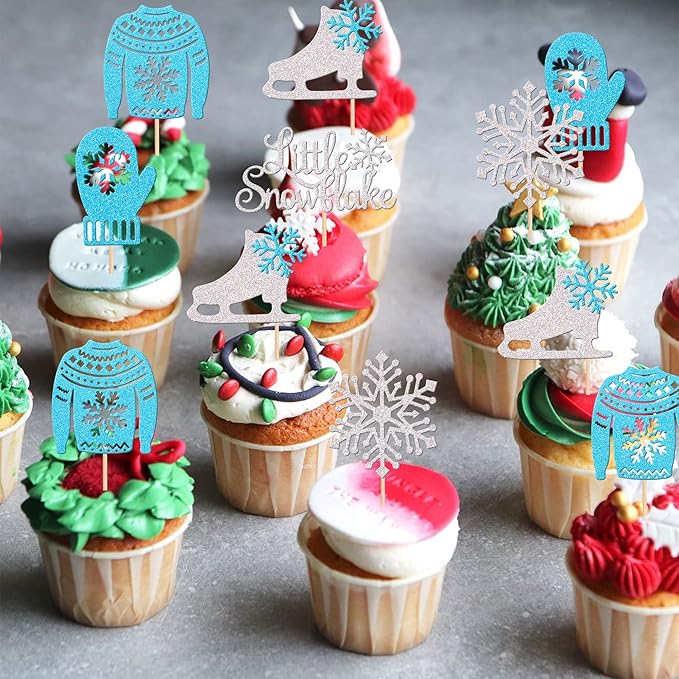 30 PCS Snowflake Cupcake Toppers Glitter Skate Shoe Gloves Sweater Cupcake Picks for Snowflake Theme Winter Wonderland Baby Shower Birthday Merry Christmas Party Cake Decorations Supplies