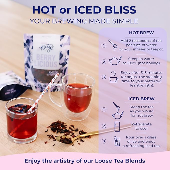 Katy?™s® Berrylicious Loose Leaf Tea | Hibiscus, Blueberry & Cranberry | Fruity Herbal Tea | Caffeine-Free Fruit Tea | Cold Brew or Hot | 30+ Cups | Antioxidant-Rich | Woman-Owned | 3oz Pouch