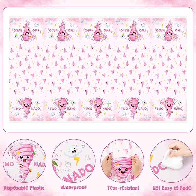 Two Nado Party Tablecloths - 3Pcs Pink Tornado Birthday Party Table Covers Decorations, Cute Two Nado Themed Rectangular Plastic Disposable Table Cloth Decor for Baby Girls 2nd Birthday Baby Shower