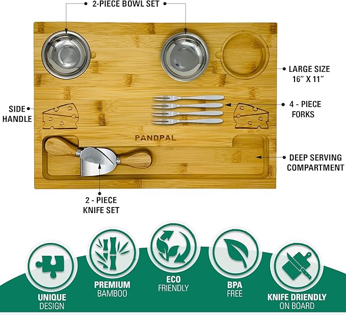 Bamboo Cheese Board with Knives & Bowls - Extra Large Wooden Cutting Board Platter for Wine & Charcuterie