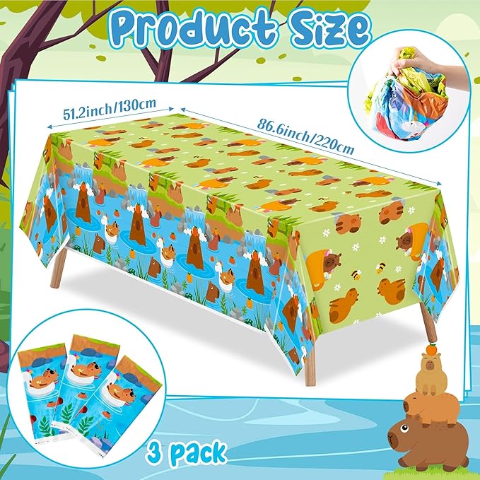 Capybara Party Tablecloths - 3Pcs Capybara Birthday Party Table Cover Decorations, Cute Animals Themed Rectangular Plastic Disposable Table Cloth for Kids Birthday Baby Shower Animals Theme Events