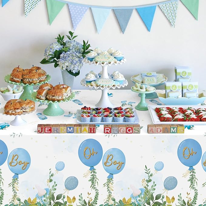 Baby Shower Party Tablecloths - 3Pcs Watercolor Blue Birthday Party Table Cover Decorations, Oh Boy Themed Rectangular Plastic Disposable Table Cloth for Baby Boys Birthday Gender Reveal Supplies