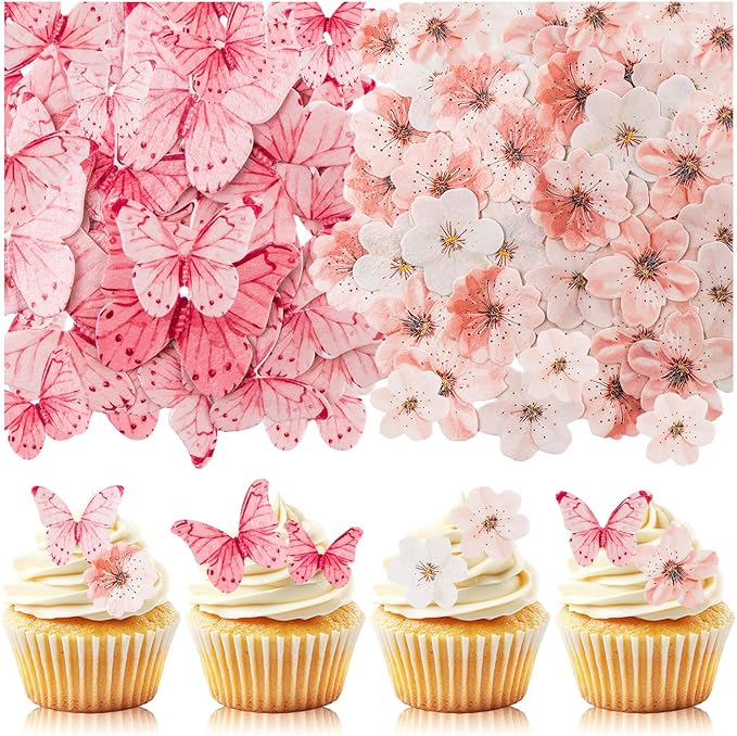 90PCS Wafer Paper Flowers Butterfly Cupcake Toppers, Cherry Blossom Cake Topper for Baby Shower Wedding Birthday Party Cake Food Decorations Supplie