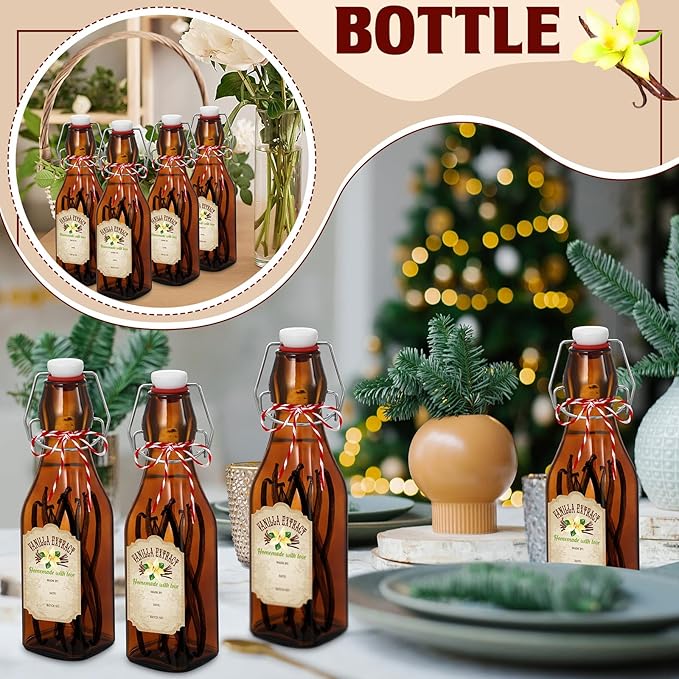 Uiifan 12 Pcs 8 oz Swing Top brown Square Glass Bottles for Vanilla Extract with Caps and Cotton Twines Label Flip Top Glass Bottle for Home Vanilla Brew Oil Beer Tea Supply