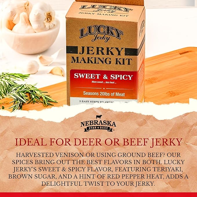 Lucky Jerky Sweet & Spicy DIY Jerky Seasoning Kit - Seasons 20lbs of Meat | Easy-to-Use Kit for Homemade Beef Jerky | Create Delicious, Customized Jerky with Teriyaki, Brown Sugar, and Red Pepper Heat