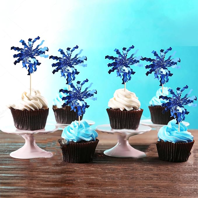 Rsstarxi 30 Pack Foil Firework Cupcake Toppers Blue Sparkle Tinsel Drink Cake Decorations Cocktail Food Toothpicks for Happy Valentine's Day Birthday Wedding Graduation Party Decorations