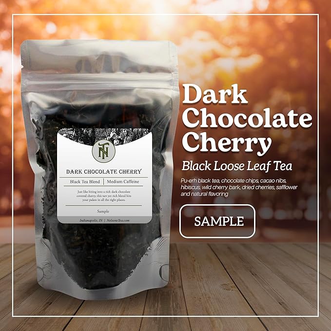 Nelson's Tea Dark Chocolate Cherry - Rich blend of Pu-erh Black Tea, Chocolate Chips, Wild Cherry Bark, Dried Cherries Herbal Loose Leaf Tea - sample
