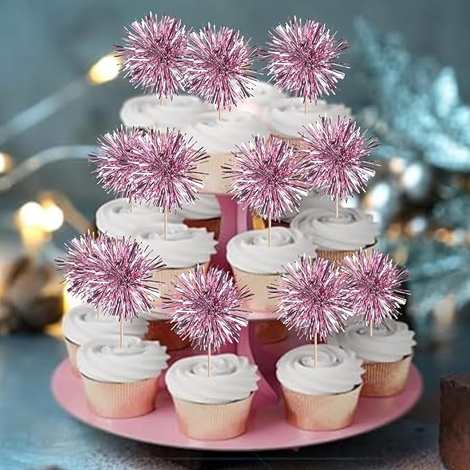 40 PCS Foil Firework Cupcake Toppers Sparkle Tinsel Cupcakae Picks Sparkler Fireworks Party Decorations Cocktail Fruit Toothpick for Birthday Wedding Graduation Party Decorations Supplies Pink