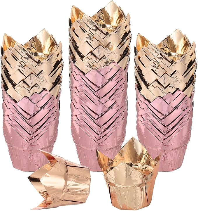 uxcell 100 Pcs Tulip Cupcake Liners, Muffins Liners Aluminum Foil Cupcake Wrappers Baking Cups Muffins Liners for Wedding Birthday Party Supplies, Champagne Gold/Rose Gold