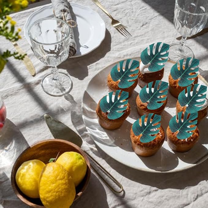 48 Pack Edible Tropical Turtle Leaf Cupcake Toppers Palm leaves Cake Picks for Summer Jungle Theme Baby Shower Kids Birthday Cake Decorations Party Supplies