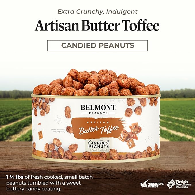 Belmont Peanuts Gourmet Butter Toffee Candied Peanuts, 20 oz (1 Pack) ??Only 4 Ingredients, No Preservatives, 3g Protein ??A Premium, Sweet, Buttery, Salty, Crunchy, Hand Seasoned Snack