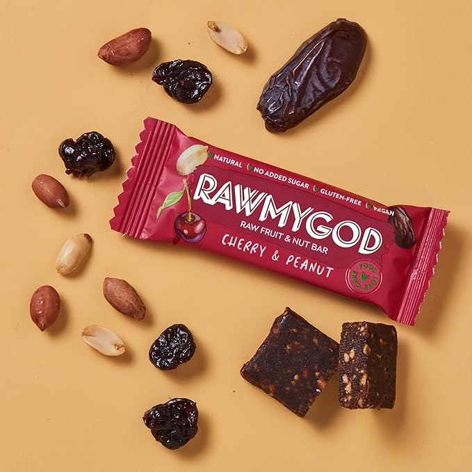 RAWMYGOD Fruit and Nut Bars, Gluten Free, Vegan, No Added Sugar (16 bars, Cherry & Peanut)