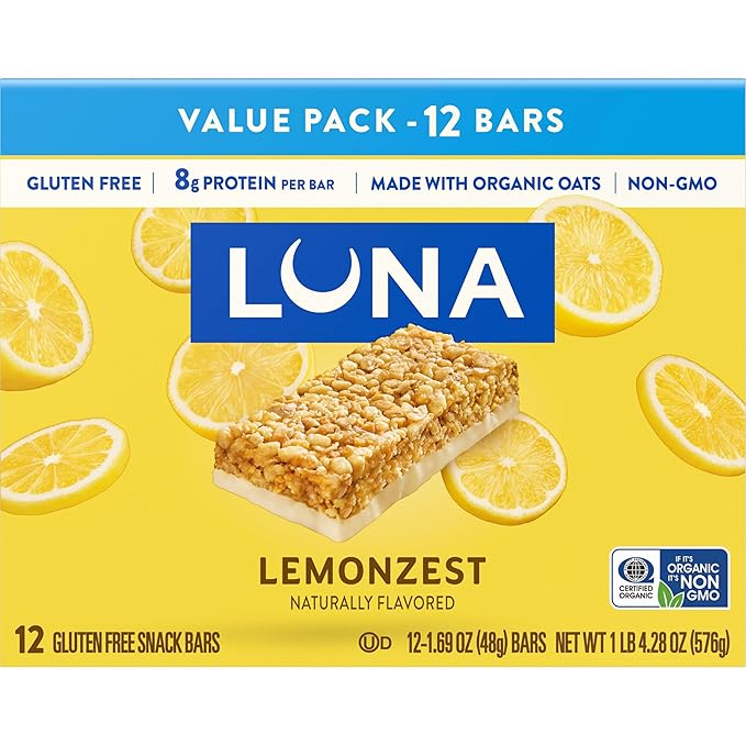 LUNA Bar - LemonZest Flavor - Gluten Free Snack Bars - Non-GMO - Protein Bars - Made with Organic Oats - Value Pack (12 Pack)