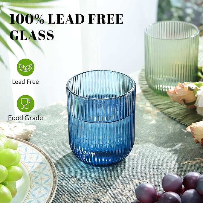 Joeyan Vintage Small Drinking Glasses,Ribbed Colored Water Cocktail Tumblers Cups,Beer Wine Juice Milk Beverages Glassware,9 oz,Set of 4,Dishwasher Safe