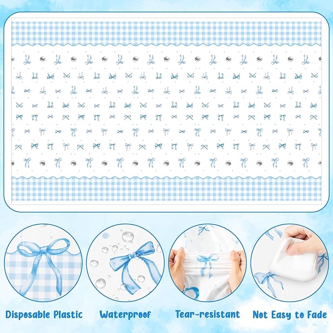 Coquette Blue Bow Party Tablecloths - 3Pcs Watercolor Blue Bow Birthday Table Cover, Disposable Plastic Rectangular Table Cloth Party Decorations for Birthday Baby Shower Wedding Supplies