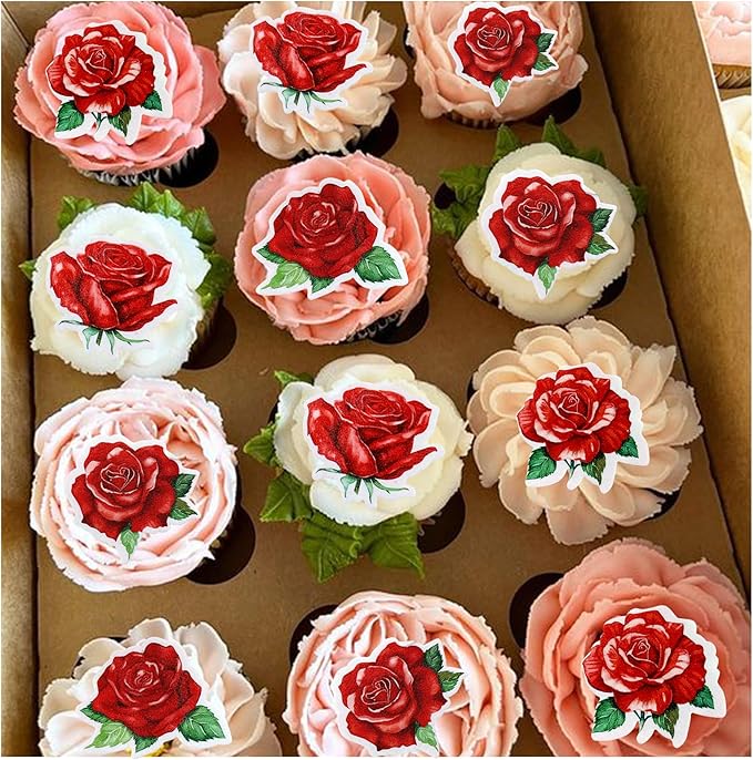 40 PCS Edible rose Cupcake Toppers Wafer Paper Red Rose Flower Cupcake Picks Rose Drink Topper Wedding Engagement Themed Party Valentine's Day Birthday Party Cake Decoration ??"<div>