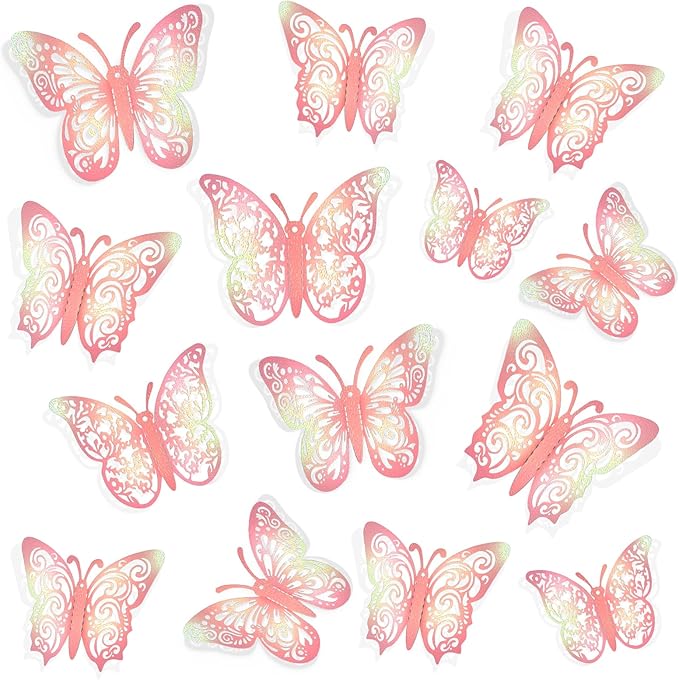 72 Pcs Butterfly Decorations, Wall Decor, Butterflies for Crafts, Cake Decorating, Wall Stickers Room Decor, Laser Pink(Polarised Green)